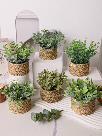 6件/套 人造藤编小盆栽，海草绳编织，绿色，PE材质，六种不同形状，聚酯纤维材质，桌面装饰，学校宿舍办公室装饰，适用于婚礼季、情人节、派对活动、节日生日派对装饰，家居玄关、酒店餐厅客厅卧室婚宴厨房花园装饰，全年皆宜的装饰，绿色装饰