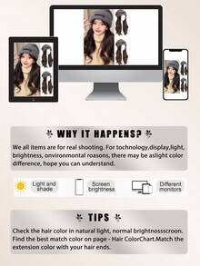 合成纤维帽子假发 针织帽子假发，帽子接发 长款波浪卷发灰色帽子假发，带合成发片，适合女性女孩冬季佩戴 - 冷棕色 棕色 黑色