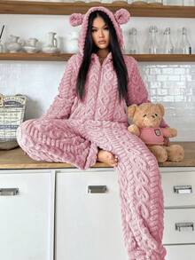 1pc Women's Hooded Jumpsuit With Ears, Heart Pattern, Cozy & Warm Casual Loungewear, Suitable For Autumn/Winter - Pink - View 2