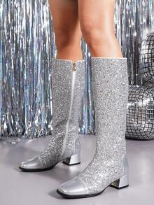 2026 Winter Silver Chunky Heel Tall Boots For Women, Warm Side Zipper Square Toe High Heel Riding Boots - Silver - View 1