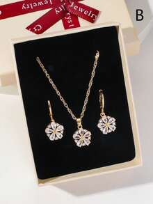 3 件套优雅铜锆石四叶草花形耳环和项链首饰套装适合女士日常、约会、派对、礼物 - 金黃色 - 查看 12