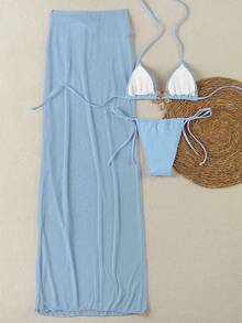 这款女士夏季优雅性感的蓝色海星装饰三件套比基尼，搭配透视阔腿薄纱裙，打造时尚度假风沙滩装扮。是浪漫春日海滩约会和度假的理想之选，融合浪漫波西米亚风情、时尚独特设计以及休闲百搭的风格。适合泳池派对、沙滩派对、下午茶、野餐、海滩活动、聚会和日常穿着。 - 淺藍色 - 查看 3