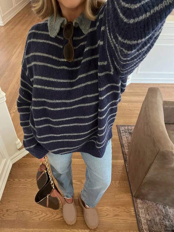 Women's Long Sleeve Clashing Stripe Sweater, POLO Neck Drop Shoulder Loose Top, Street Fashion Vacation Winter Clothes For Women, Going Out Tops Women, Thanksgiving Outfit For Women, Christmas Sweater.