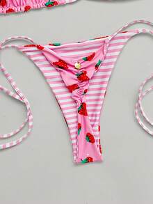 Bộ bikini dây mảnh xếp ly thắt nơ dành cho nữ, thiết kế hở lưng in họa tiết sọc trái cây hai mặt, phong cách tối giản thanh lịch, thích hợp cho Giáng sinh, tiệc bãi biển, kỳ nghỉ hè 2026, bộ bikini màu hồng cho kỳ nghỉ - Hồng - Xem 8