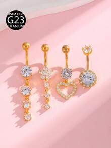 4pcs G23 Titanium Navel Rings Set, Cubic Zirconia Heart, Butterfly & Flower Shaped Navel Rings/Studs, Suitable For Women's Daily Wear - 4-piece Set - View 4