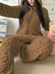女士连帽连体衣，带耳朵和心形图案，舒适保暖，休闲居家服，适合秋冬季穿着。 - 卡其色 - 查看 7