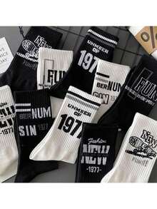 5 đôi tất cao đến giữa bắp chân dành cho nam mùa thu đông, phong cách thủy thủ, chống mùi, đa năng, thiết kế chữ thể thao kiểu Mỹ, tất cổ cao dành cho nam, phong cách INS, có thể mang quanh năm - màu đen - Xem 13