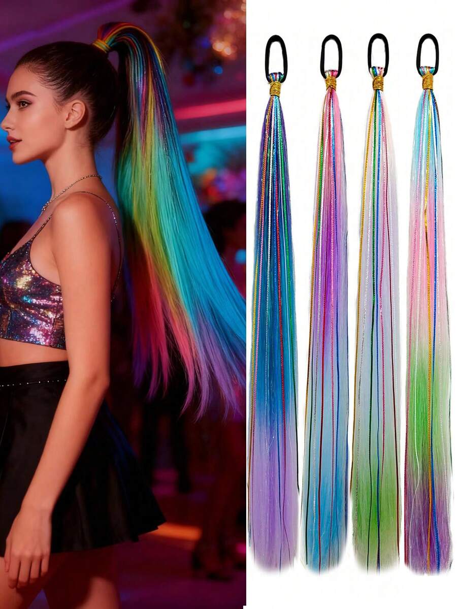 1pc 26-Inch Straight Ombre Purple-Blue Braided Ponytail Hair Extensions, With Elastic Band, Suitable For Girls And Women For Party And Festival Wear