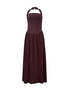 Đầm Maxi Xếp Ly Cổ Vuông Không Tay Cho Nữ, Dáng Chữ A, Màu Trơn, Thanh Lịch, Làm Từ Vải Dệt, Mùa Hè - Màu tím - Xem 3
