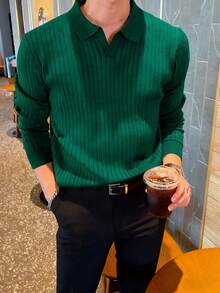 ALTZTAR 男士宽松修身长袖条纹针织 Polo 衫，简约时尚，适合日常通勤、春秋季穿着。 - 墨綠色 - 查看 3