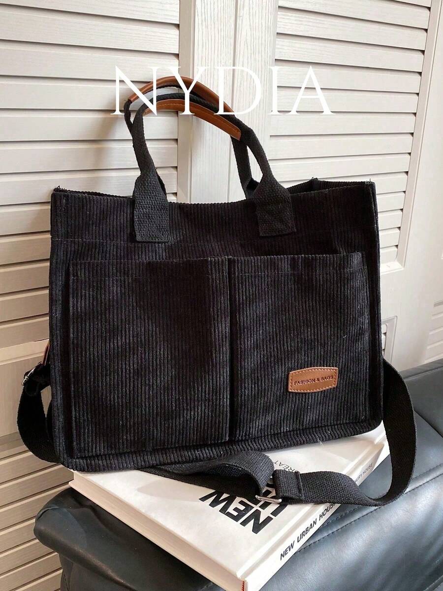 Striped Corduroy Foldable Tote Bag, Large Capacity - Black - View 1