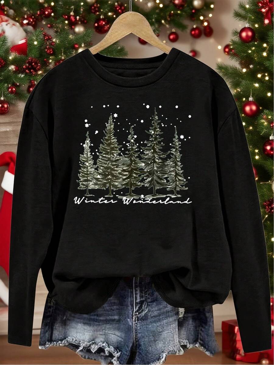 Christmas Fashion Elegant Falling Snowflake Pattern Print Round Neck Long Sleeve T-Shirt For Women Spring Summer Autumn Winter - Black - View 1