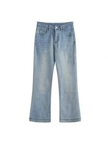 女士高腰喇叭牛仔裤，弹力面料，显瘦，秋季新款休闲款 - 淺色水洗藍 - 查看 4