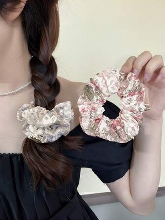 3个装甜美碎花发圈，时尚蕾丝边马尾辫发圈，发饰发绳，发圈