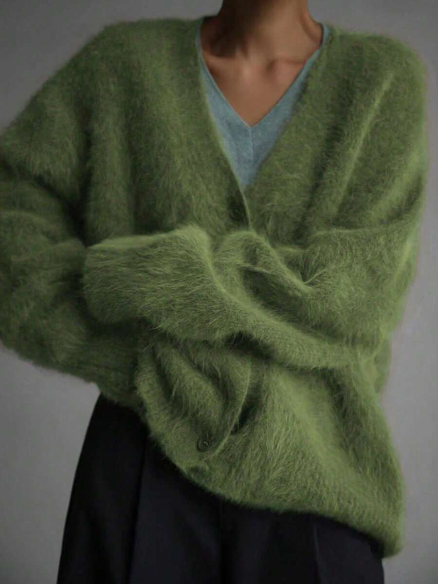 Women's Solid Color Drop Shoulder Long Sleeve Single-Breasted Casual Cardigan, Elegant Faux Fur Sweater, Grass Green - Grass Green - View 1