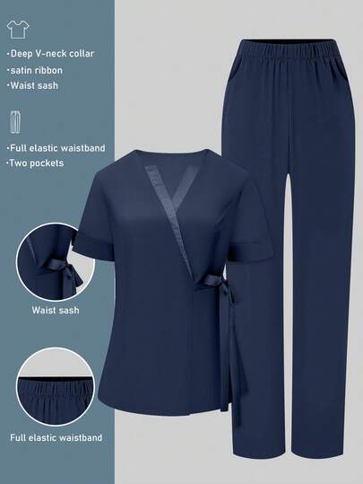 cimmuovere Women's V-Neck Short Sleeve Pocket Twist Blouse And Solid Pocket Pants Scrubs Set, Suitable For Beauty Salon, Wellness Center, Professional Wear, Nurse, Dentist, Healthcare, Pet Hospital, Laboratory