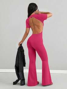 AiTyi 女士连体裤，修身塑形，舒适运动，日常，户外，通勤，露背设计，适合返校，毕业季，街头装，机场装，圣诞节，万圣节，晚间约会 - 玫紅色 - 查看 2