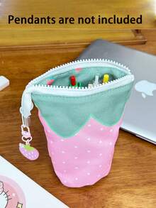 1 pieza Estuche para lápices/caja de almacenamiento de artículos de papelería con forma de fresa linda, hecho de material resistente similar a la tela en colores rosa y verde. Adecuado para uso escolar, de oficina y de viaje. Es tanto un organizador portátil de herramientas de escritura como un suministro de oficina, su estructura resistente lo convierte en un elemento esencial para el lugar de trabajo.
