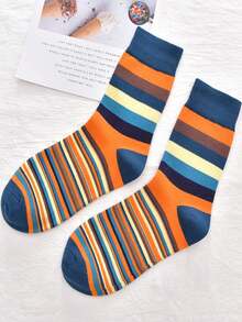 5 Pairs Of Men's Mid-Calf Socks, Plus Size, Classic Colorful Thick And Thin Striped Geometric Design, Sweat-Absorbent, Breathable, Moisture-Wicking, Versatile Casual Socks - Multicolor - View 4