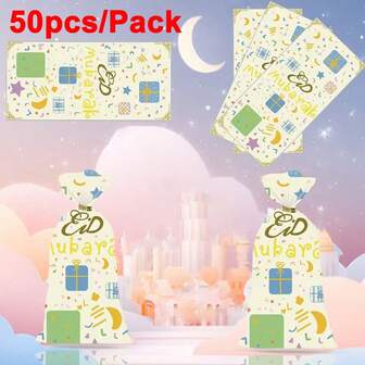 50 piezas Bolsa de caramelos de OPP con estampado de estrellas y lunas, bolsa de regalo de papel de vidrio, bolsa de embalaje de galletas, bolsa plana de OPP