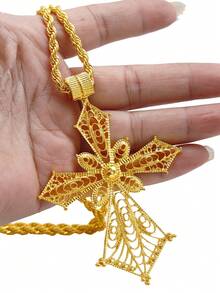 24K Gold Plated Zinc Alloy Cross Pendant Necklace Set, 80cm Long, Classic Accessory For Daily Wear