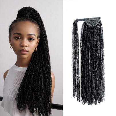 长款迷你扭辫合成魔术马尾辫玉米波浪卷绕式夹式假发接发黑色马尾辫