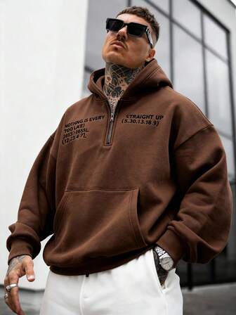 Men's Dark Brown Hoodie With Zipper, Large Pockets, Embroidered Design, Soft Fleece Fabric, Thick & Warm, Suitable For Casual, Commute, Gathering, Autumn/Winter New Long Sleeve Jacket