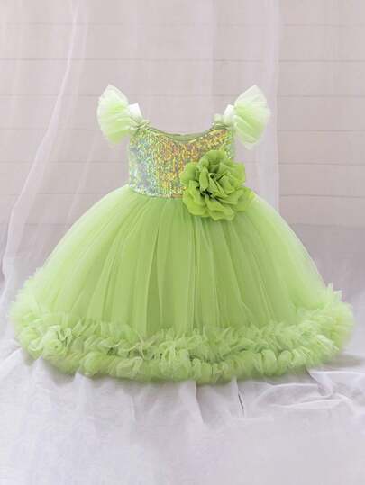 Váy tutu hoa 3D chắp vá sequin dễ thương cho bé gái, thích hợp cho tiệc sinh nhật lần thứ 1, không bao gồm băng đô