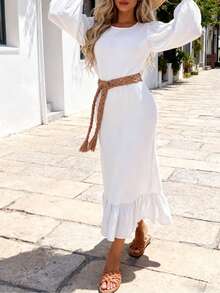 Women's Solid Color Muslim Style Puff Sleeve Ruffle Hem Dress, Vestidos Largos Para Mujer Fall Outfit For Women Vestidos De Mujer Casual - 白色 - 查看 8