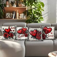 4pcs Valentine's Day Dark Rose & Heart Pattern Pillow Cover, Single-Sided Printed Cushion Cover, Suitable For Living Room, Bedroom, Home Decor, All Season - Multicolor - View 6