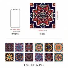 12pcs Bohemian Floral Ceramic Tile Stickers, Self-Adhesive PVC Stickers For Kitchen Backsplash, Bathroom And Stair Walls - Easy To Apply And Remove, 10/15/20cm*12pcs - Multicolor - View 14