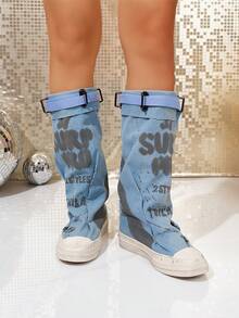 Women's Fashionable Black Round Toe Thick Sole Flat Ankle Boots, Casual Canvas Long Boots For Autumn/Winter - Blue - View 3