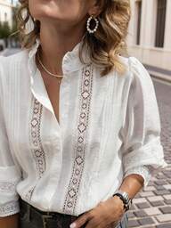 Blusa para mujer de talla grande, unicolor con parches de encaje, botones y mangas largas de moda para la primavera