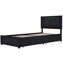 Bed Frame With LED Lighting And 2 Drawers, Single Upholstered Bed 90x200cm, Height-Adjustable Headboard, Wooden Slatted Base, Grey (Mattress Not Included) - 黑色 - 查看 8