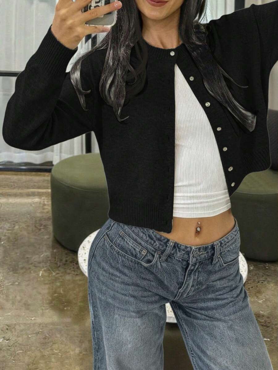 For BEAUTY Spring And Autumn Winter New Collection Women's Round Neck Small Shell Twisted Buckle Long Sleeve Knitted Cardigan Women's Short, Loose And Comfortable Black Sweater Coat Top New Year - 黑色 - 查看 1