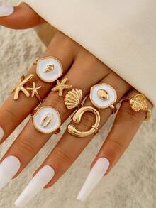 7件套简约时尚合金滴油个性化扇贝海星戒指套装，几何线条镂空可叠戴戒指，适合日常佩戴、休闲、派对、送礼