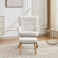 Schaukelstuhl Ergonomisch Incl. Fußhocker, Stabilizer Gummiholzrahmen, White, Der Um 30 Grad Schaukeln Kann, Stuhl Mit Hoher Rückenlehne & Fußstütze, Relaxsessel, Gepolsterter Relaxsessel Für Wohnzimmer - White - View 10