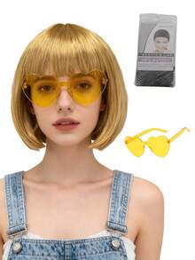 Zestaw peruk i okularów na imprezę cosplay, kolorowa krótka prosta peruka, zabawne rekwizyty do kostiumu, w zestawie okulary przeciwsłoneczne bez oprawek w kształcie serca i siateczka na włosy
