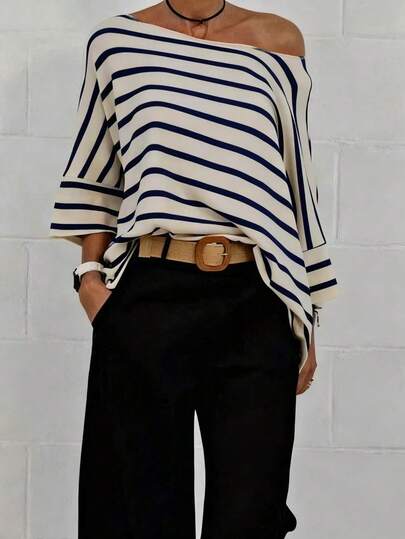 Women's Casual Commuter Striped Batwing Sleeve T-Shirt