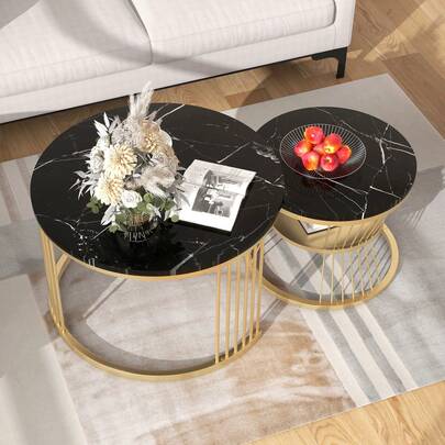  Caluself Set di 2 tavolini rotondi da caffè, tavolini laterali, tavolini da divano, tavolini da caffè moderni con gambe in metallo e per il soggiorno, l'ufficio, il balcone, l'appartamento, 70 x 70 x 45,5 cm + 45 x 45 x 40 cm
