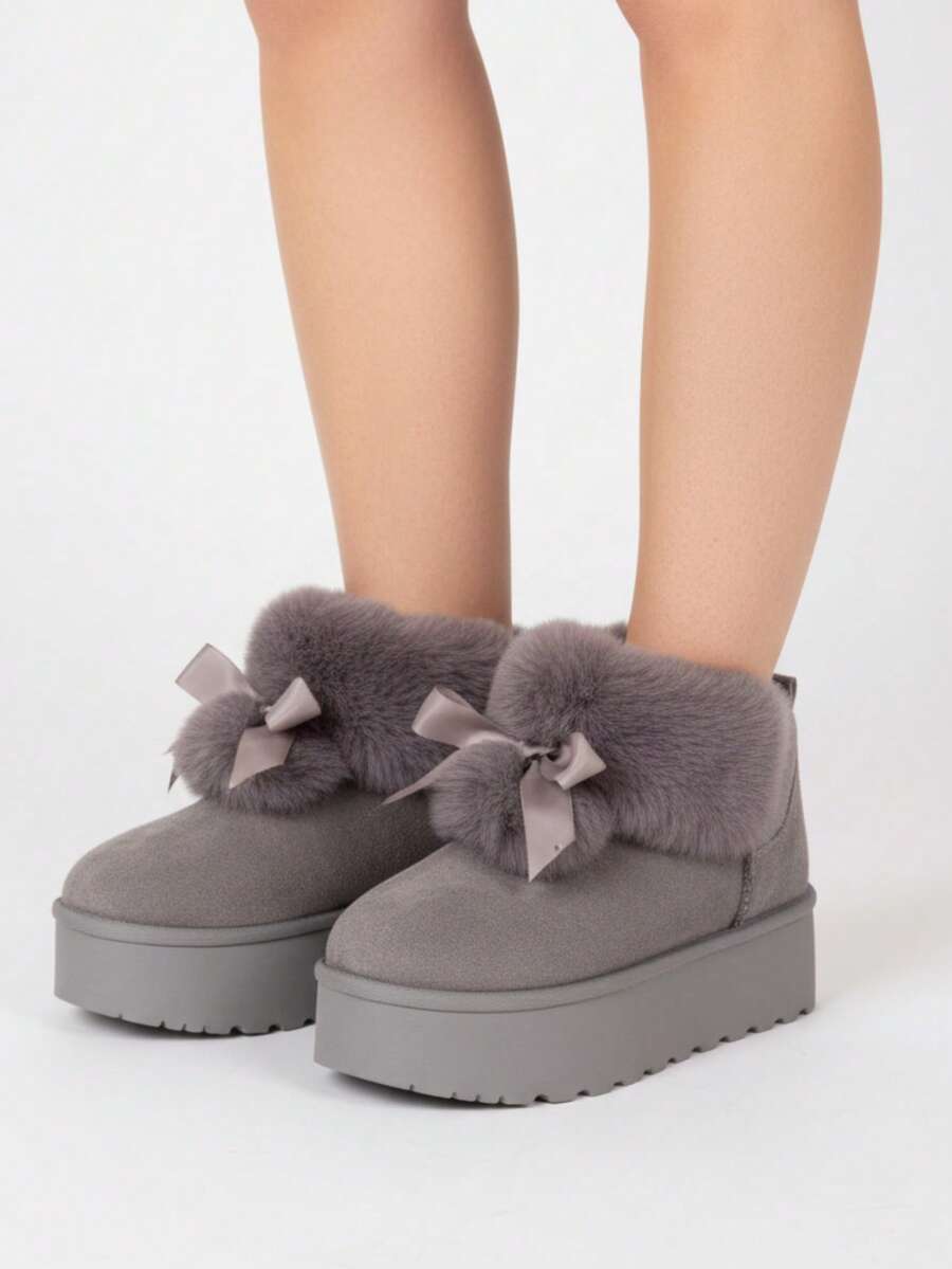 WOMEN'S WINTER SHOES IN SYNTHETIC SUEDE WITH SYNTHETIC FUR INSIDE, WITH 2 POMPON DECORATION - Grey - View 1