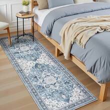 Washable Area Rug 5x7 - Soft Faux-Wool Area Rug Living Room Bedroom, Boho Vintage Floral Medallion Non-Slip Low Pile, Pet Friendly, Blue White - 天藍色 - 查看 3