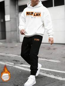 Herren Lässiger Streetwear Englisch Buchstaben Muster Hoodie und Jogginghose Set - Weiss - Übersicht 1