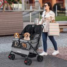 Double Pet Stroller W/ 2-Seater Carrier Adjustable Sunshade Removable Pad - Grey - View 3