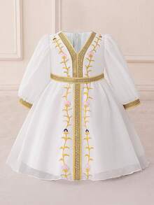女婴长袖金属丝带刺绣雪纺派对连衣裙，适合节日庆典和家庭聚会，不含头饰 - 白色 - 查看 3