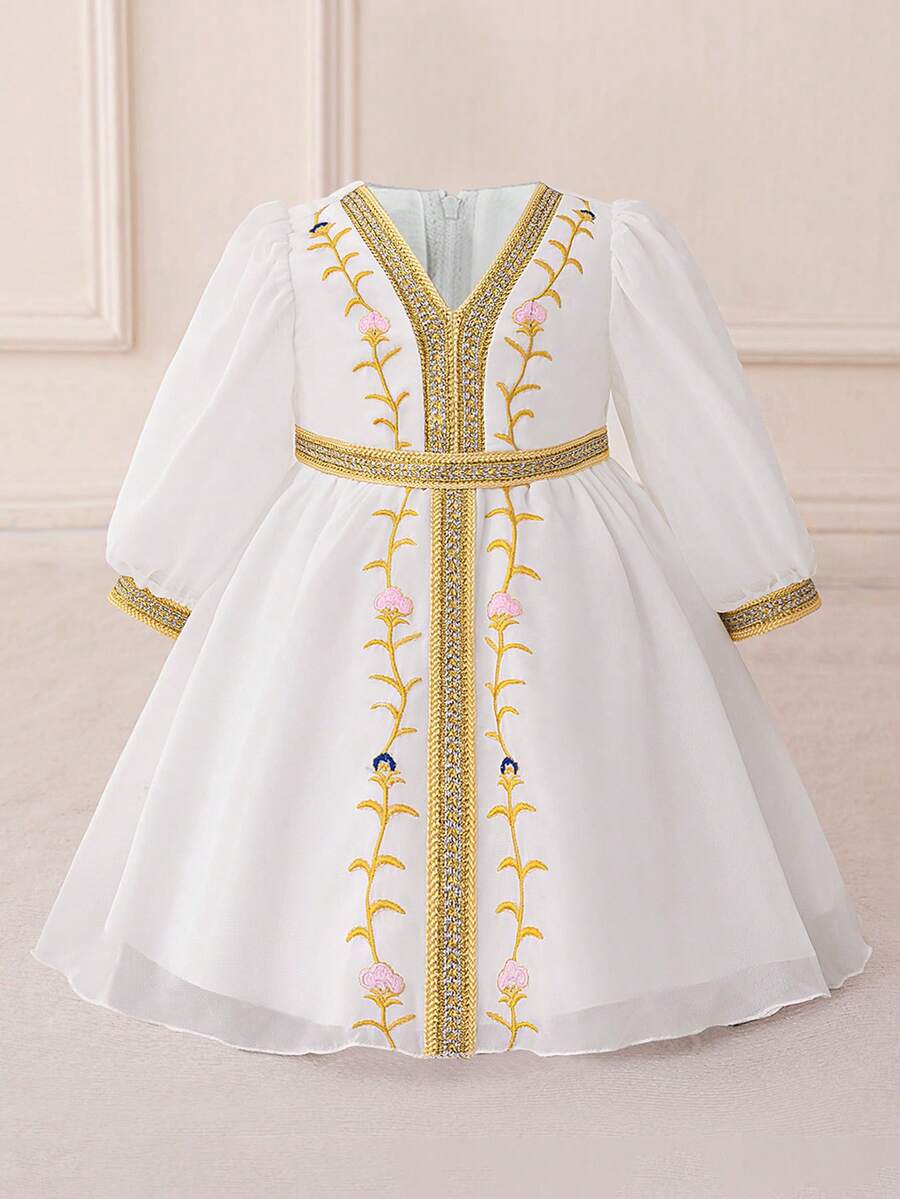 Baby Girls Long Sleeve Metallic Ribbon Embroidered Chiffon Party Dress, Suitable For Holiday Celebrations And Family Gatherings, Headband Not Included - White - View 1