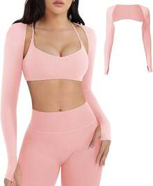 Women Crop Top Long Sleeve Bolero Open Front Workout Cropped Shirts Sports Shrug - 粉色 - 查看 1