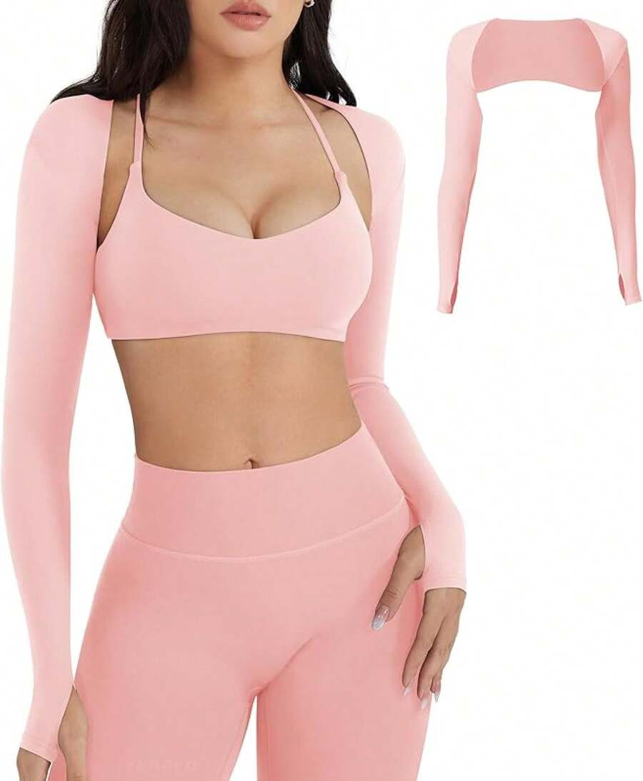 Women Crop Top Long Sleeve Bolero Open Front Workout Cropped Shirts Sports Shrug - 粉色 - 查看 1