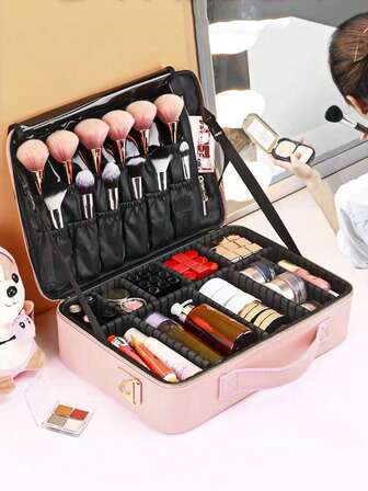 1pc PU Cosmetic Storage Bag Waterproof Travel Makeup Organizer Professional Portable Handbag Large Capacity Crossbody Makeup Box 1pc Multifunctional PU Cosmetic Storage Bag Waterproof Travel Makeup Organizer Professional Portable Handbag Large Capacity Detachable Crossbody Makeup Bag The Partition Can Be Disassembled,Gifts For Women,Christmas Gifts,Gift Ideas For Women