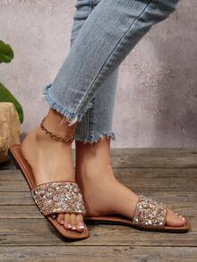 Sandales à enfiler ornées de strass, légères et antidérapantes, convenant pour la plage, le port casual, l'intérieur, les grandes tailles, nouveau design pailleté à la mode - Tabac - Voir 6